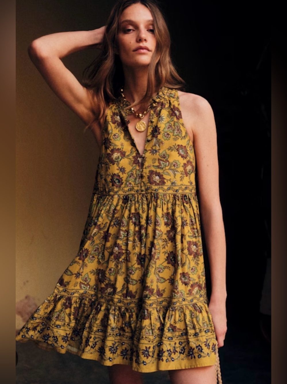 Sezane Lise Dress Women's Size 2 NWT Kandy Floral Print Mustard Yellow Tiered